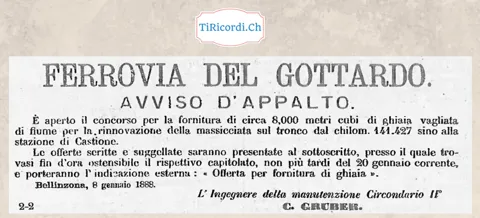 Ferrovia del Gottardo cerca 8000 metri cubi di ghiaia per Castione, 1888