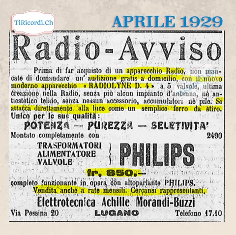 Radio-avviso: il nuovo apparecchio Radiolyne D.4 a 5 valvole si attacca direttamente alla luce come un semplice ferro da stiro, senza antenna né pile, 850 franchi, 1929