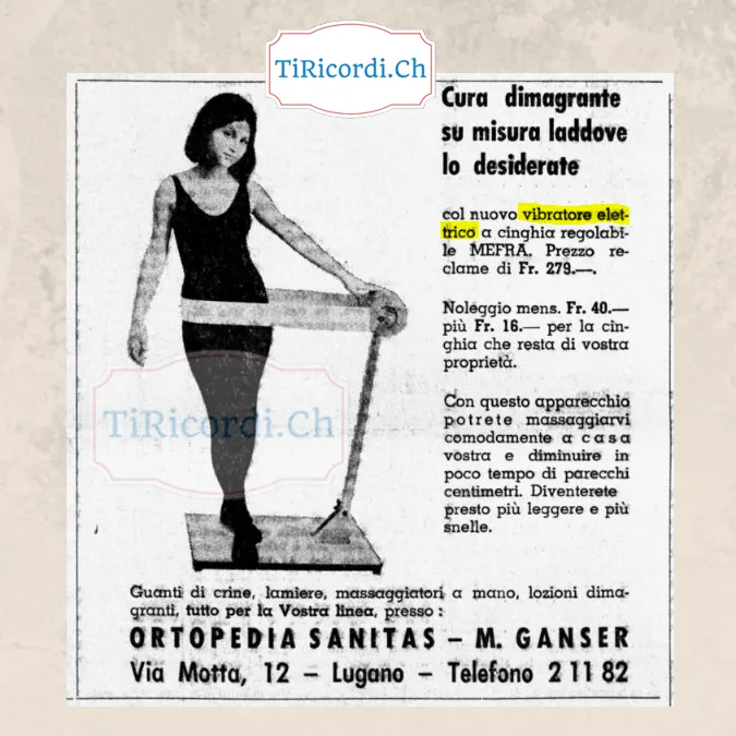 Cura dimagrante su misura laddove lo desiderate col nuovo vibratore elettrico a cinghia regolabile Mefra: prezzo réclame 279 franchi, noleggio mensile 40 franchi, 1968