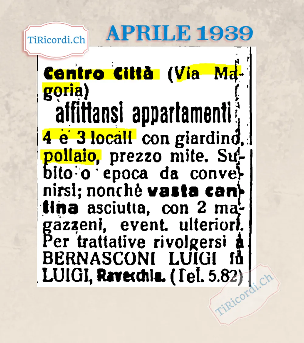 Centro città in via Magoria: affittansi appartamenti di 4 e 3 locali con giardino e pollaio a prezzo mite, oltre a una vasta cantina asciutta con due magazzeni, 1939