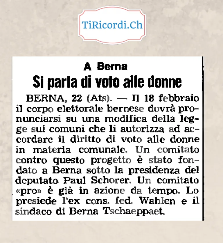 A Berna si parla di voto alle donne: il 18 febbraio il corpo elettorale bernese dovrà pronunciarsi sulla modifica che autorizza i comuni ad accordare il diritto di voto alle donne, 1968