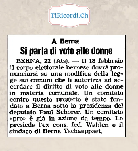 A Berna si parla di voto alle donne: il 18 febbraio il corpo elettorale bernese dovrà pronunciarsi sulla modifica che autorizza i comuni ad accordare il diritto di voto alle donne, 1968