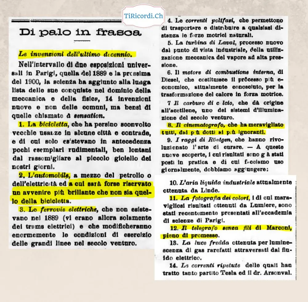 Le 14 invenzioni dell'ultimo decennio: bicicletta, automobile, cinematografo, raggi X, 1899