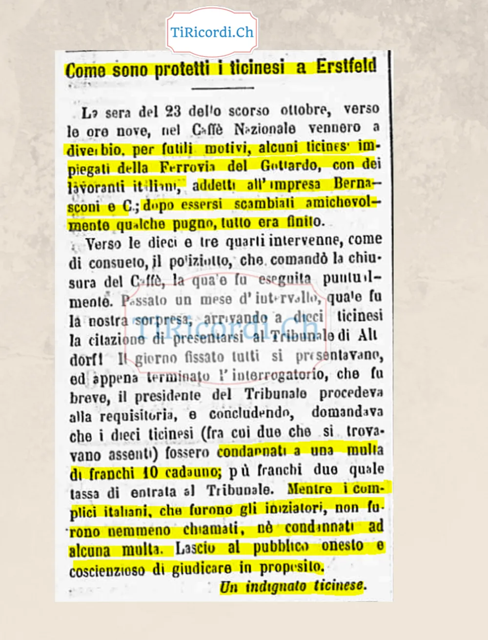 Come sono protetti i ticinesi a Erstfeld: multati loro, non gli italiani che iniziarono la rissa, 1899