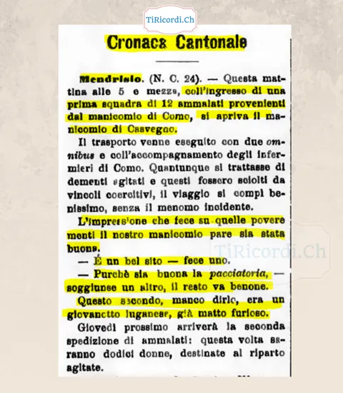 Si apre il manicomio di Casvegno: arrivano da Como i primi 12 ammalati, 1898