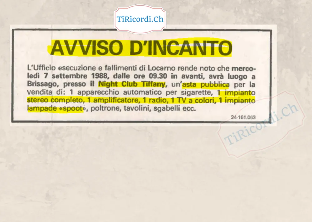 Avviso d incanto: all asta l arredo del Night Club Tiffany di Brissago, settembre 1988
