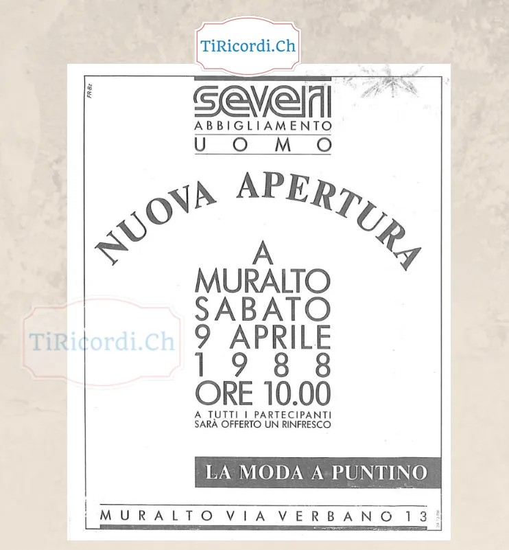 Severi abbigliamento uomo, nuova apertura a Muralto sabato 9 aprile 1988