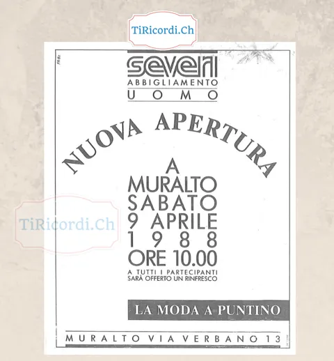 Severi abbigliamento uomo, nuova apertura a Muralto sabato 9 aprile 1988