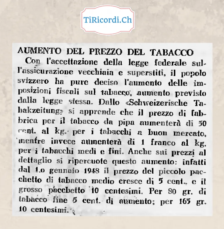 Aumento del prezzo del tabacco: con l'accettazione della legge federale sull'AVS il popolo svizzero ha pure deciso l'aumento delle imposizioni fiscali sul tabacco, dal 1° gennaio 1948, 1947