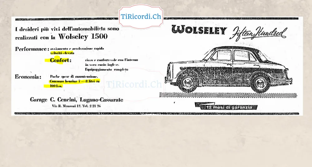 I desideri più vivi dell'automobilista sono realizzati con la Wolseley 1500: interno in vero cuoio inglese, consumo 7-8 litri su 100 chilometri, 12 mesi di garanzia, 1958