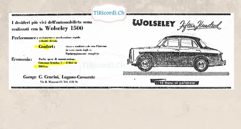 I desideri più vivi dell'automobilista sono realizzati con la Wolseley 1500: interno in vero cuoio inglese, consumo 7-8 litri su 100 chilometri, 12 mesi di garanzia, 1958