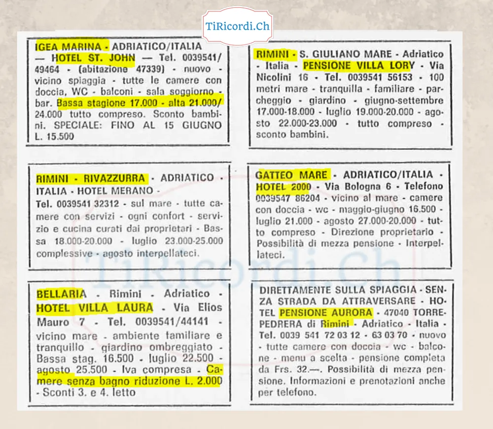 Annunci di alberghi e pensioni della riviera adriatica sui giornali ticinesi, maggio 1983