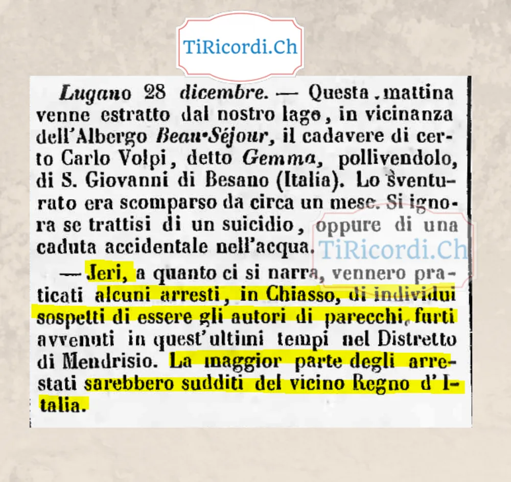 Un pollivendolo ripescato nel lago di Lugano e arresti a Chiasso, 1878