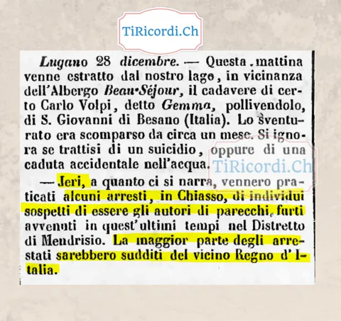 Un pollivendolo ripescato nel lago di Lugano e arresti a Chiasso, 1878