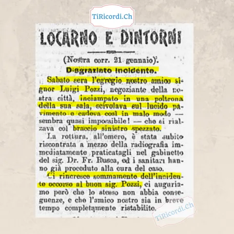 Disgraziato incidente: il negoziante Luigi Pozzi inciampa in una poltrona, scivola sul pavimento lucido e si spezza il braccio, radiografia dal dottor Rusca, Locarno 1919