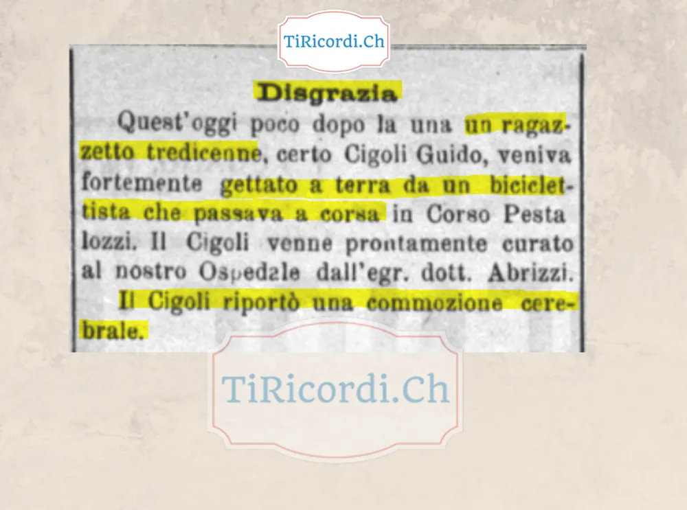 Tredicenne travolto da un ciclista a corsa in corso Pestalozzi: commozione cerebrale, 1908
