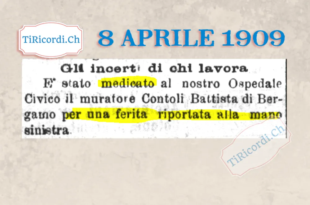 Gli incerti di chi lavora: muratore bergamasco medicato all'Ospedale Civico per una ferita alla mano, 1909