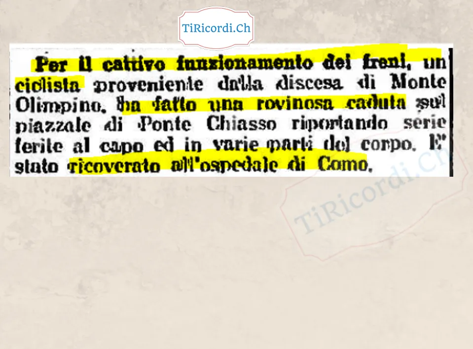 Per il cattivo funzionamento dei freni un ciclista proveniente dalla discesa di Monte Olimpino fa una rovinosa caduta sul piazzale di Ponte Chiasso, ricoverato all'ospedale di Como, 1948
