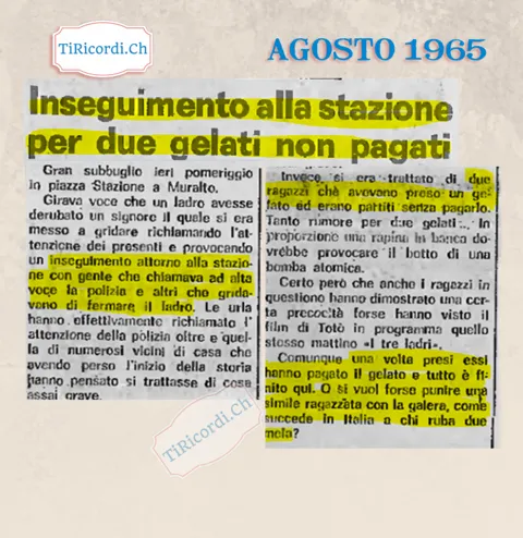 Inseguimento alla stazione per due gelati non pagati: gran subbuglio in piazza Stazione a Muralto, gente che chiamava la polizia e altri che gridavano di fermare il ladro, 1965