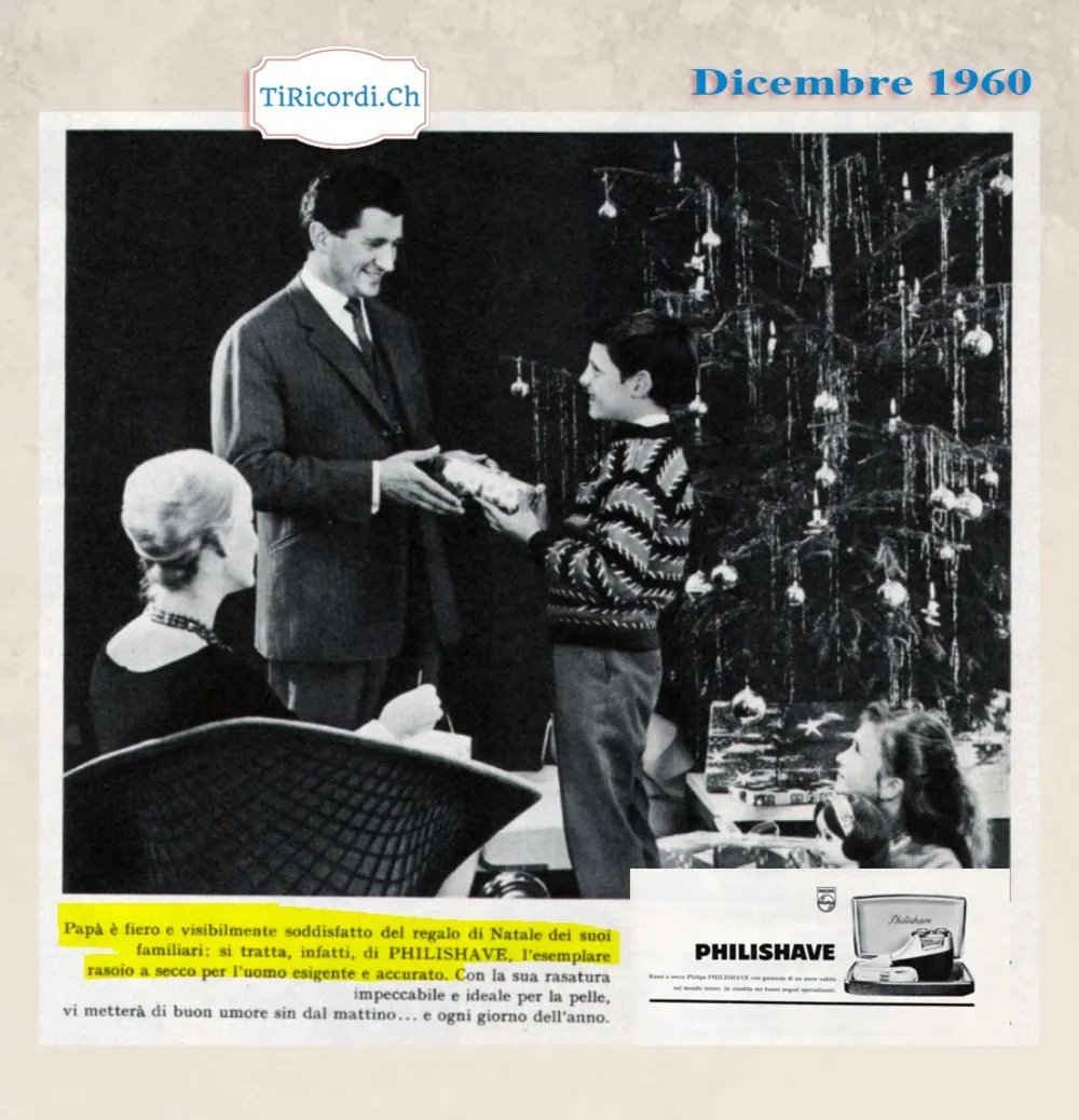 Papà è fiero e visibilmente soddisfatto del regalo di Natale dei suoi familiari: si tratta di Philishave, l'esemplare rasoio a secco per l'uomo esigente e accurato, 1960