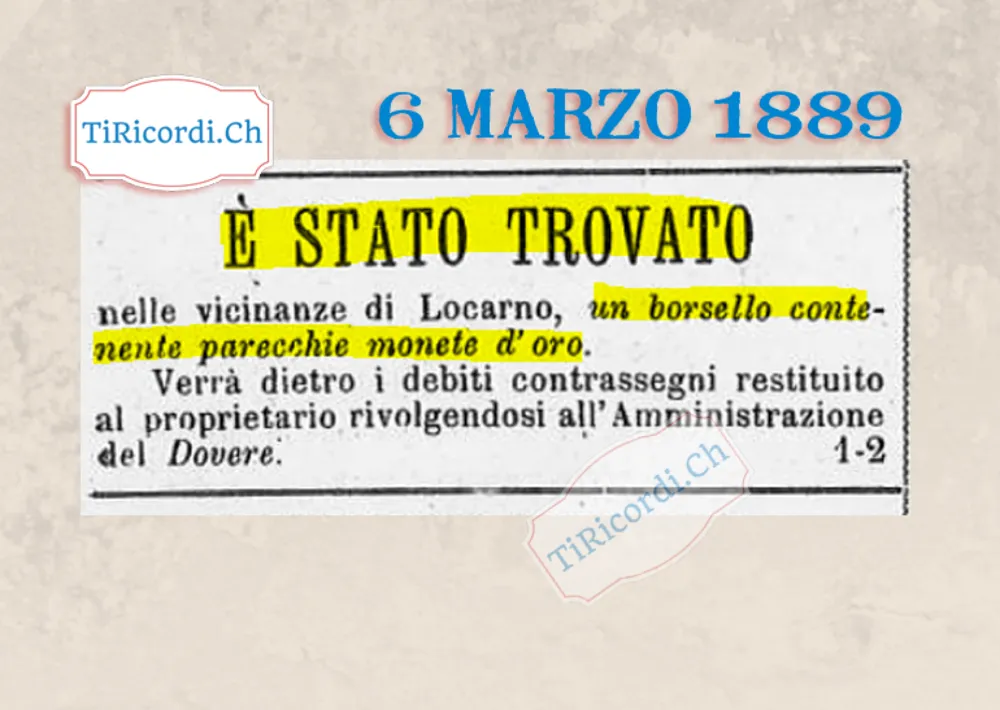 Trovato vicino a Locarno un borsello con parecchie monete d'oro, 1889