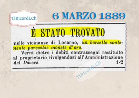Trovato vicino a Locarno un borsello con parecchie monete d'oro, 1889