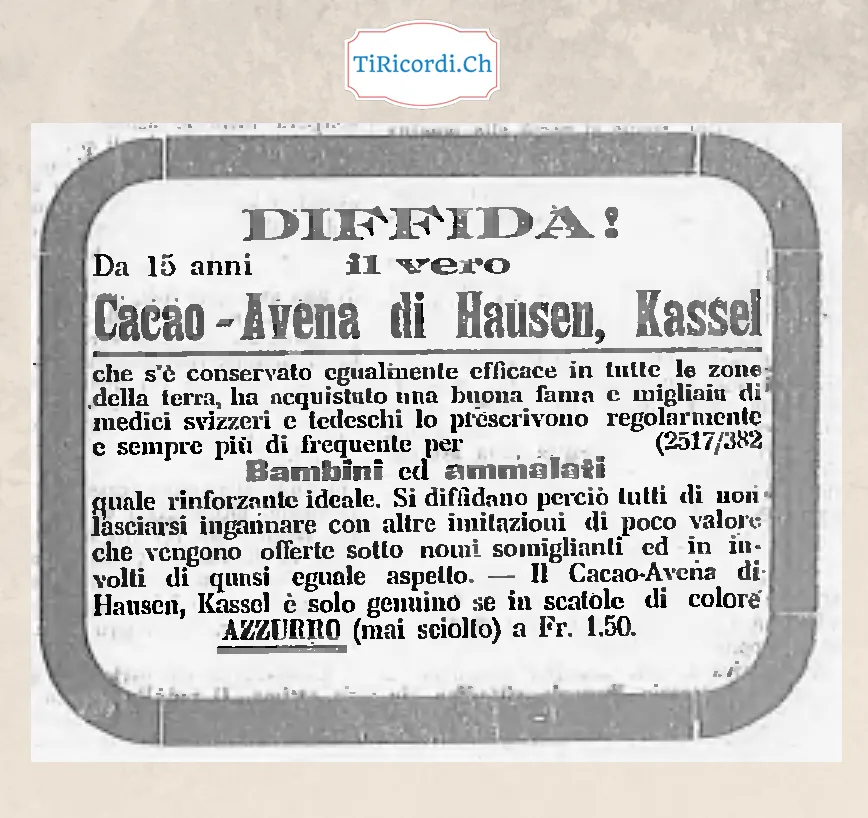 Diffida: il vero Cacao-Avena di Hausen, Kassel, solo in scatole azzurre a 1,50, 1908