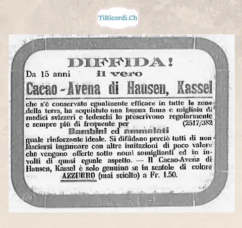 Diffida: il vero Cacao-Avena di Hausen, Kassel, solo in scatole azzurre a 1,50, 1908