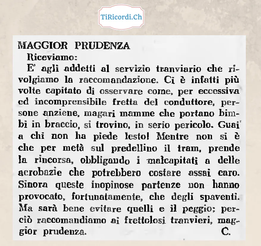 Maggior prudenza: per eccessiva fretta del conduttore persone anziane, magari mamme che portano bimbi in braccio, si trovano in serio pericolo. Guai a chi non ha piede lesto!, 1948