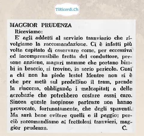 Maggior prudenza: per eccessiva fretta del conduttore persone anziane, magari mamme che portano bimbi in braccio, si trovano in serio pericolo. Guai a chi non ha piede lesto!, 1948