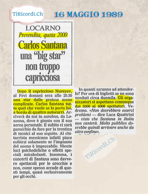 Carlos Santana, una big star non troppo capricciosa: al Fevi di Locarno, maggio 1989