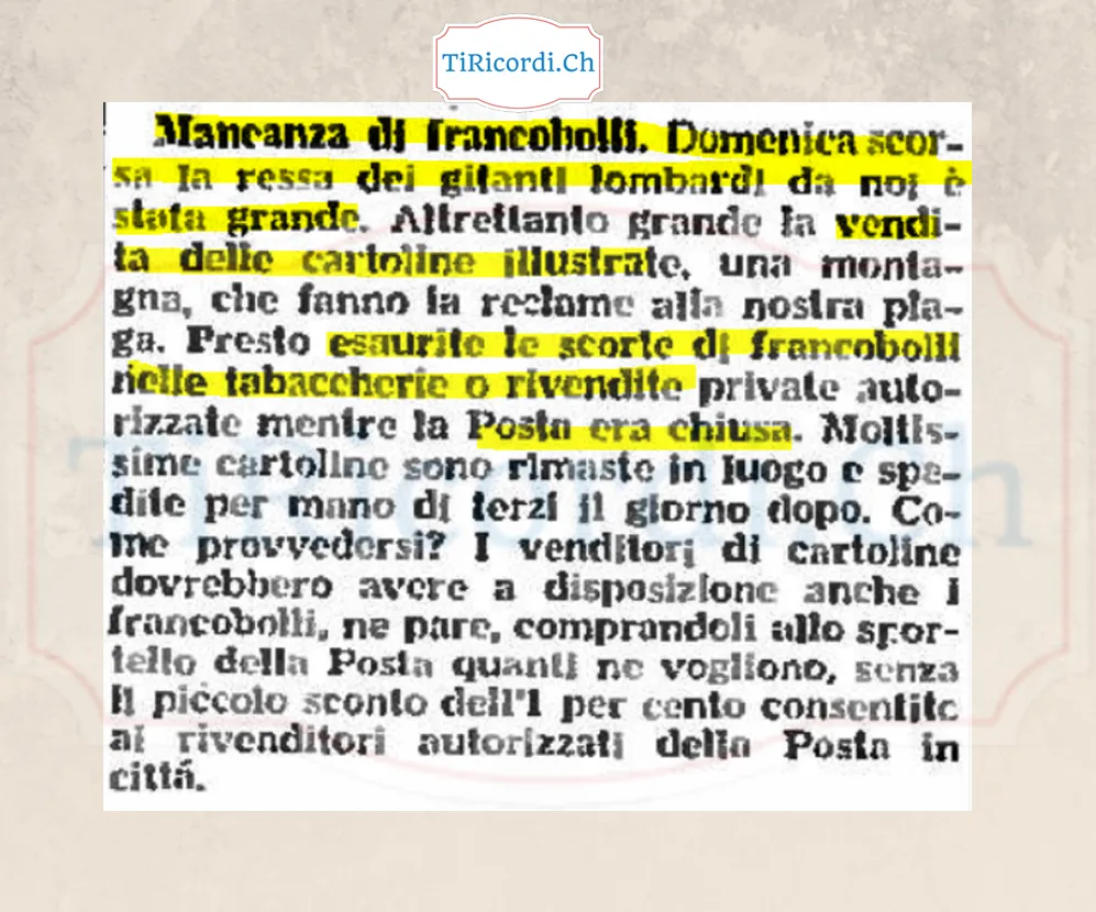 Mancanza di francobolli: domenica scorsa la ressa dei gitanti lombardi è stata grande, e presto esaurite le scorte di francobolli nelle tabaccherie mentre la Posta era chiusa, 1958