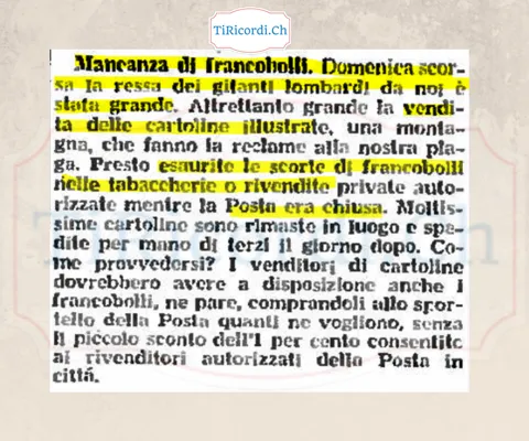 Mancanza di francobolli: domenica scorsa la ressa dei gitanti lombardi è stata grande, e presto esaurite le scorte di francobolli nelle tabaccherie mentre la Posta era chiusa, 1958