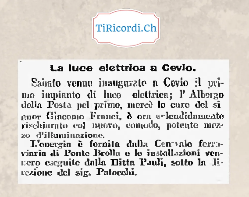 La luce elettrica a Cevio: primo impianto all'Albergo della Posta, energia dalla centrale di Ponte Brolla, 1908