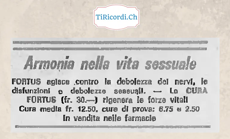 Armonia nella vita sessuale: Fortus agisce contro la debolezza dei nervi, le disfunzioni e debolezze sessuali. La cura Fortus rigenera le forze vitali, 30 franchi, 1968