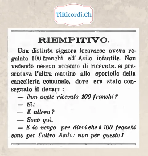 Riempitivo: la distinta signora locarnese e i 100 franchi regalati all'asilo sbagliato, 1918