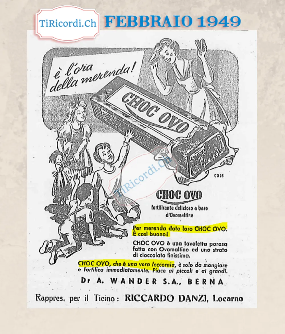 È l'ora della merenda! Per merenda date loro Choc Ovo, tavoletta porosa fatta con Ovomaltine ed uno strato di cioccolata finissima, 1949