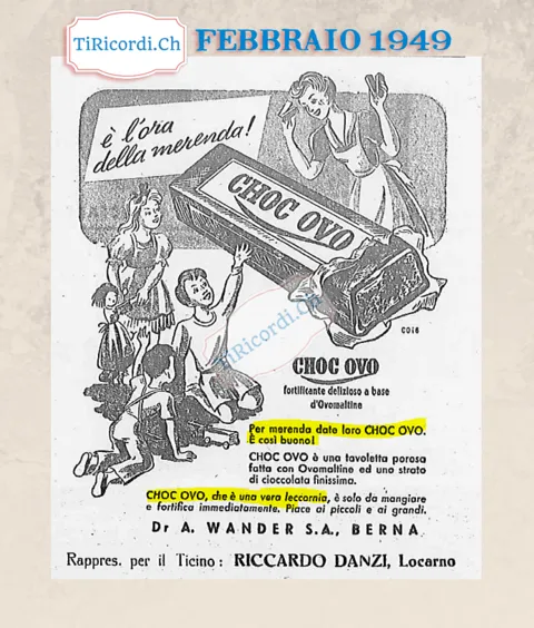È l'ora della merenda! Per merenda date loro Choc Ovo, tavoletta porosa fatta con Ovomaltine ed uno strato di cioccolata finissima, 1949