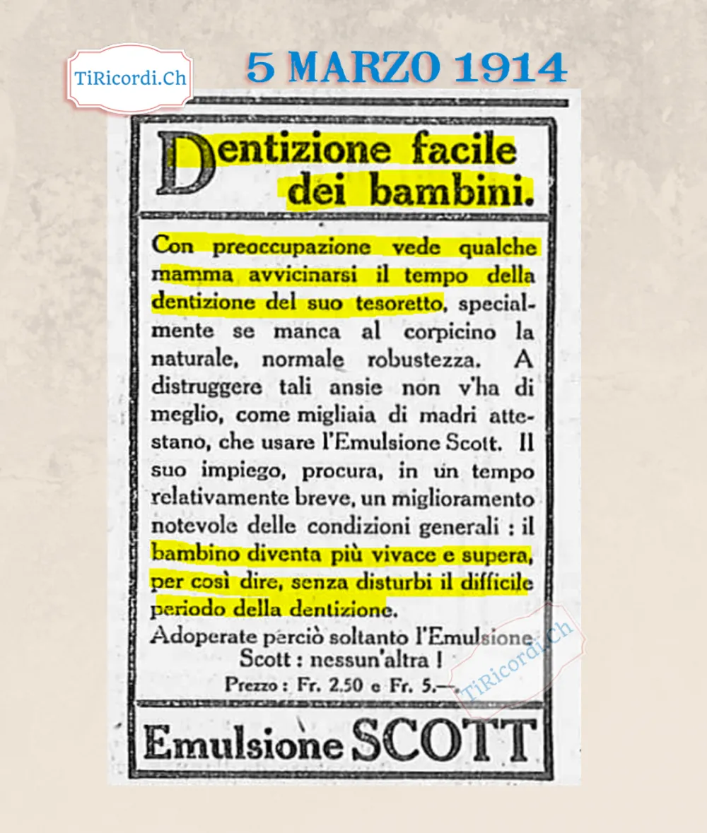 Dentizione facile dei bambini: contro le ansie della mamma per il suo tesoretto, l'Emulsione Scott a 2,50 e 5 franchi, 1914