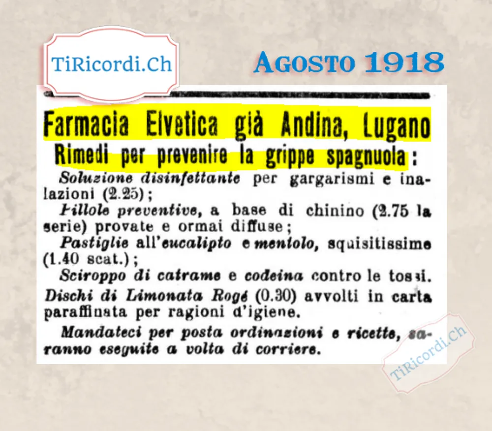 Farmacia Elvetica già Andina, Lugano: rimedi per prevenire la grippe spagnola, pillole di chinino a 2,75 la serie, 1918