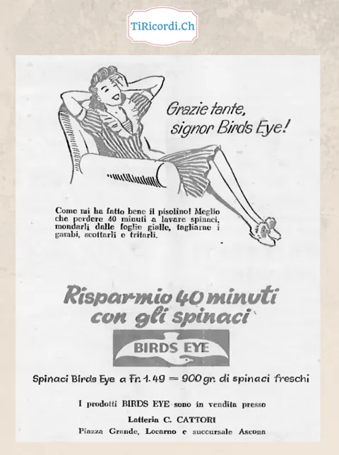 Grazie tante, signor Birds Eye! Come mi ha fatto bene il pisolino, meglio che perdere 40 minuti a lavare spinaci: 900 grammi di spinaci freschi surgelati a 1,49 franchi, 1948