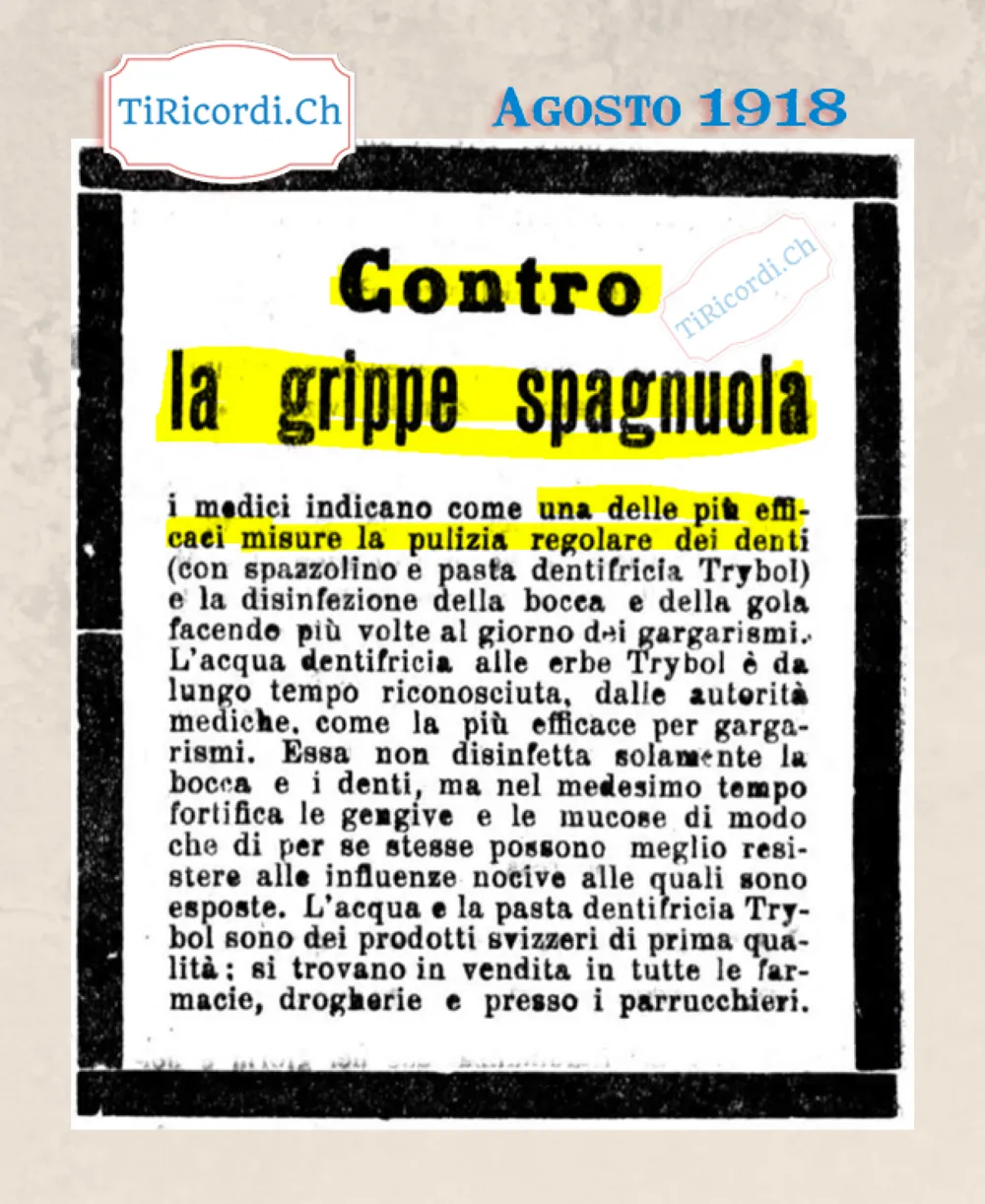 Contro la grippe spagnola i medici indicano la pulizia regolare dei denti con spazzolino e pasta dentifricia Trybol, 1918