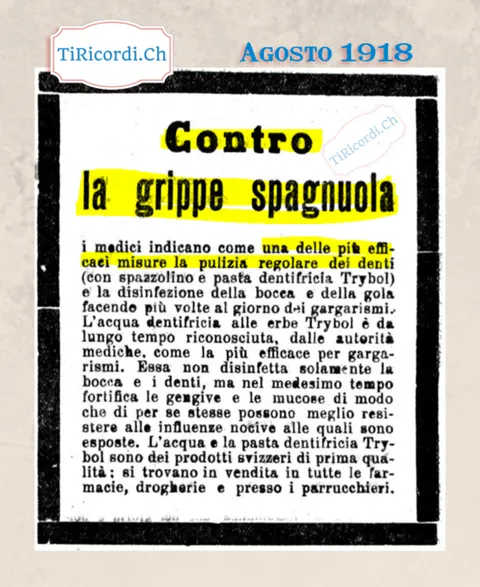 Contro la grippe spagnola i medici indicano la pulizia regolare dei denti con spazzolino e pasta dentifricia Trybol, 1918