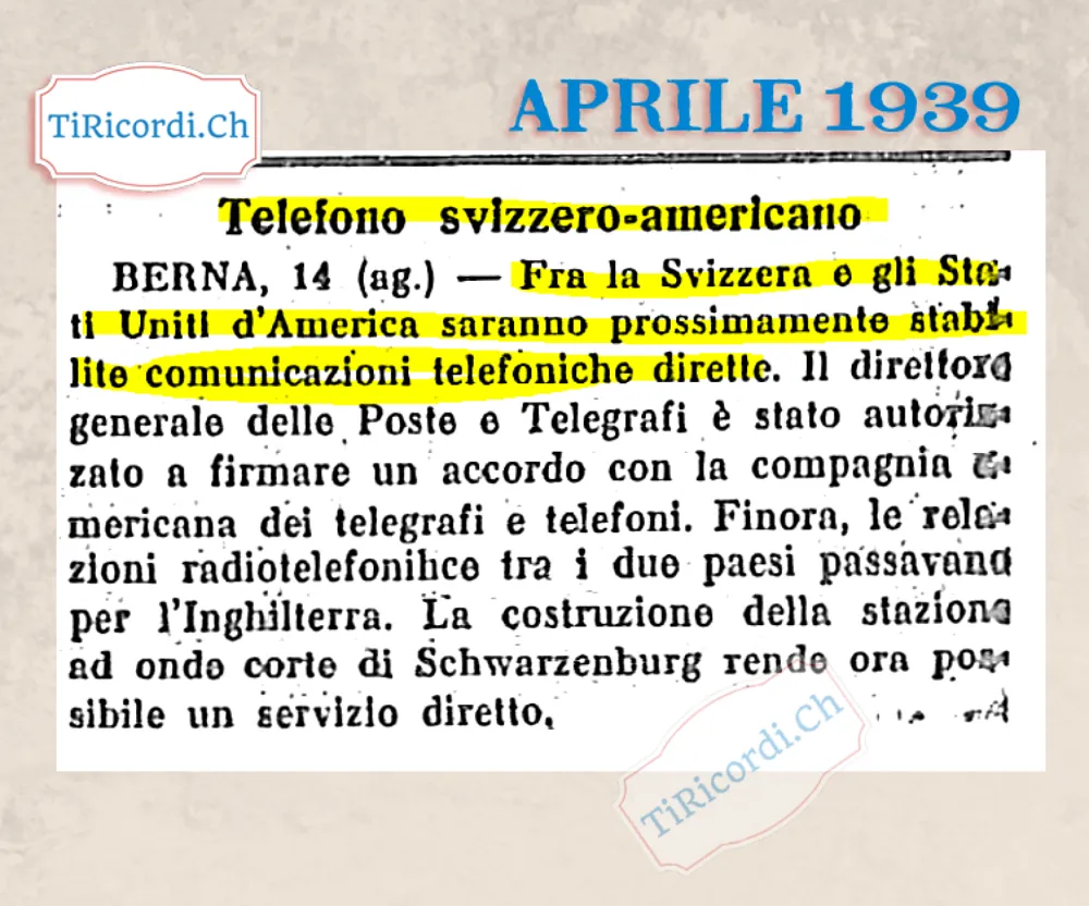 Telefono svizzero-americano: fra la Svizzera e gli Stati Uniti saranno stabilite comunicazioni telefoniche dirette, grazie alla stazione a onde corte di Schwarzenburg, 1939