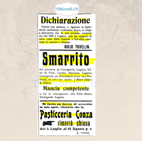 Dichiarazione di Trivellin, braccialetto d'oro smarrito tra Castagnola e la stazione, e la Pasticceria Conza chiusa fino al 15 agosto, 1918