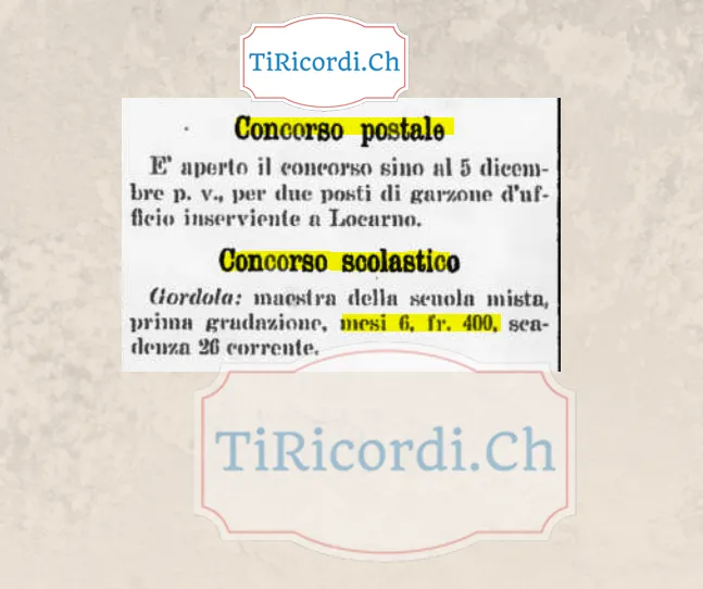 Concorsi: due garzoni d'ufficio alla posta di Locarno e una maestra a Gordola per 400 franchi in sei mesi, 1908