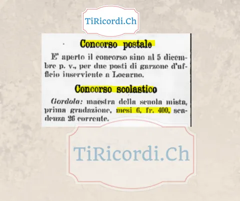 Concorsi: due garzoni d'ufficio alla posta di Locarno e una maestra a Gordola per 400 franchi in sei mesi, 1908