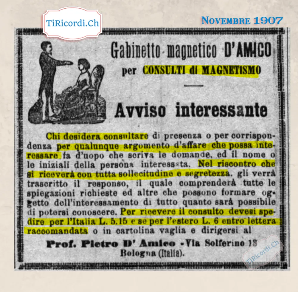 Gabinetto magnetico D'Amico: consulti di magnetismo per qualunque argomento d'affare, 6 lire dall'estero, 1907