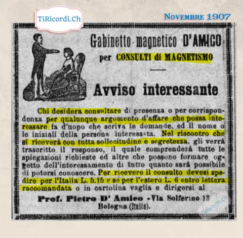 Gabinetto magnetico D'Amico: consulti di magnetismo per qualunque argomento d'affare, 6 lire dall'estero, 1907
