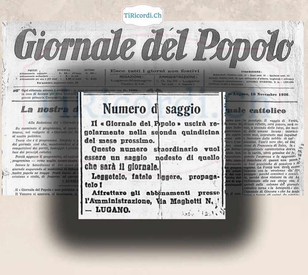 Numero di saggio: il Giornale del Popolo si presenta ai lettori, Lugano 18 novembre 1926